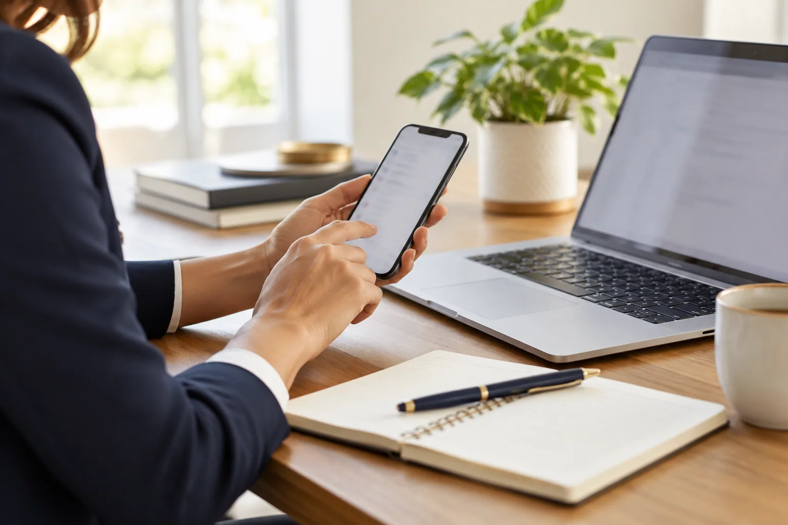 A professional using a smartphone beside a laptop
