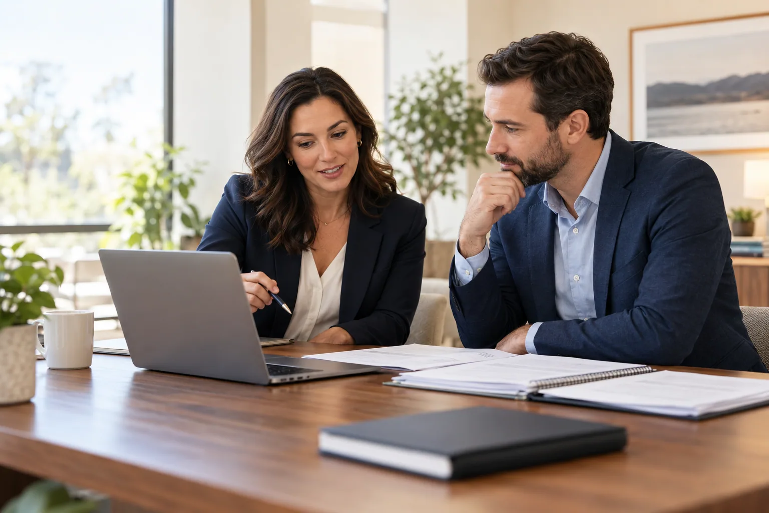 Tax professionals collaborating at a laptop in a bright office
